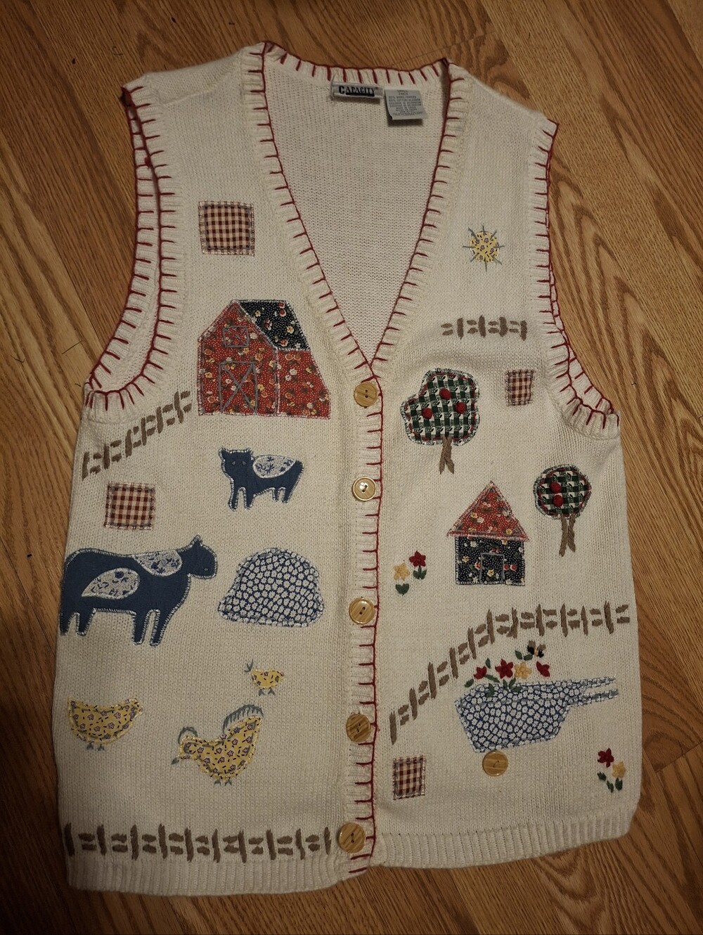 Cream Patchwork Knit Vest with Farm Motif